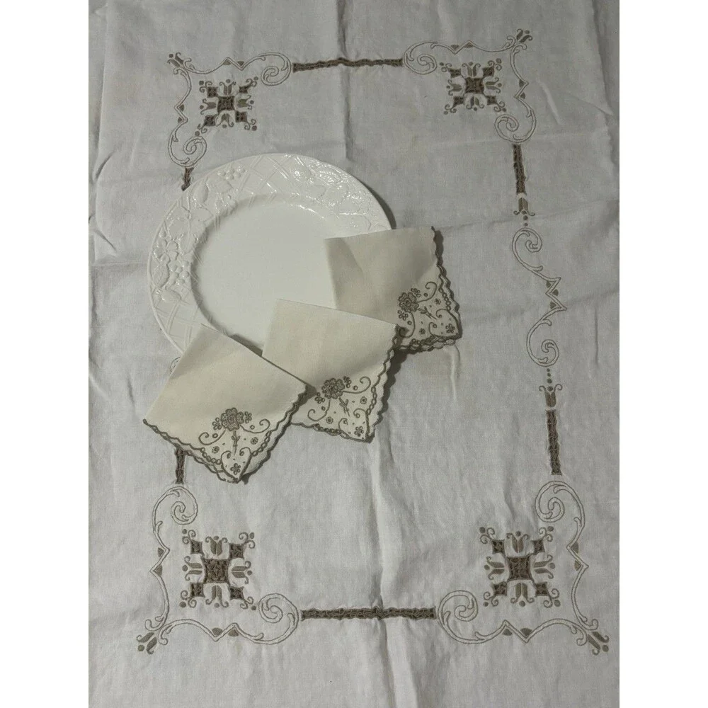Vintage Linen Tablecloth 64x52 + 3 Embroidered Napkins Scrollwork Cottagecore